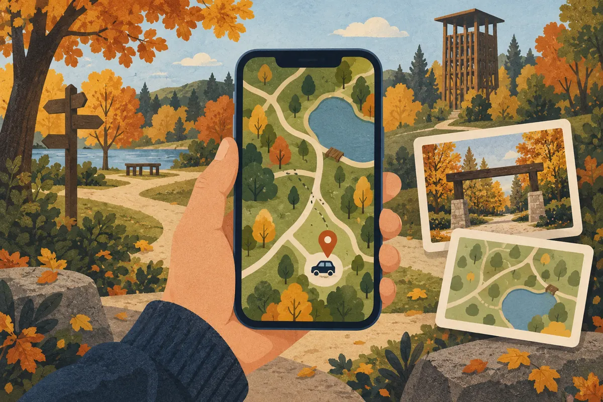 Ilustracja telefonu z mapą parku i zaznaczonym punktem powrotu przy parkingu.
